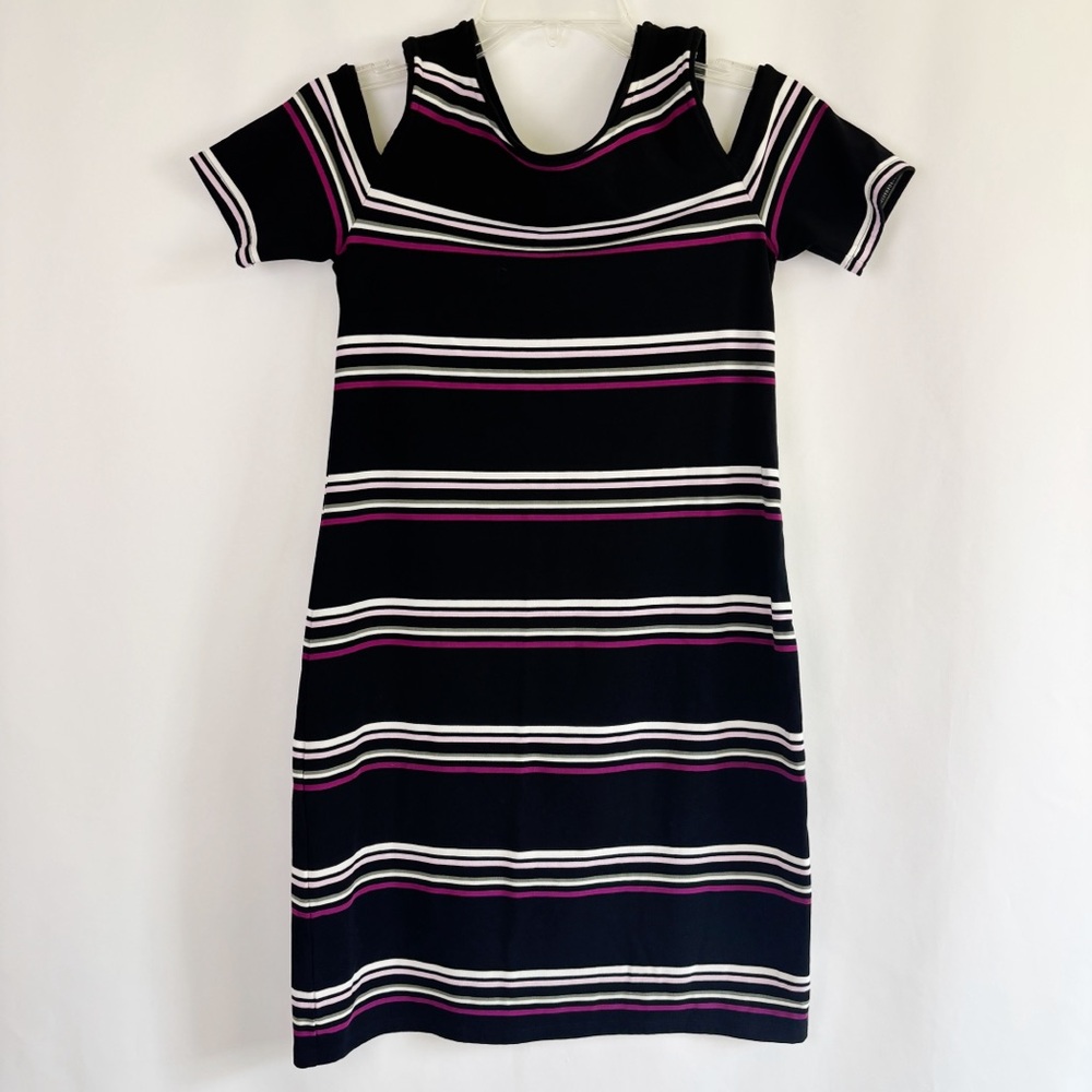 White House Black Market Women Black & Pink Sheath Dress with Cold Shoulder - XS